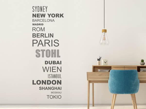 Wandtattoo Stohl mit Weltstädten