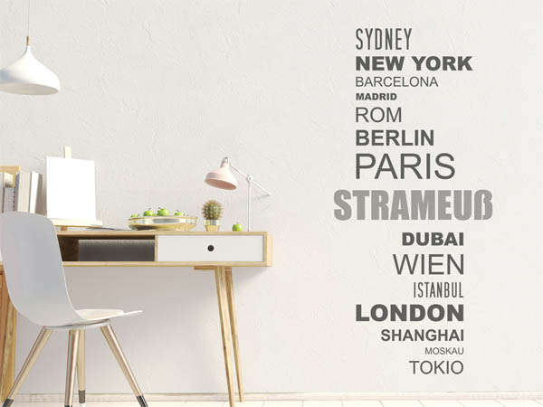 Wandtattoo Strameuß mit Weltstädten