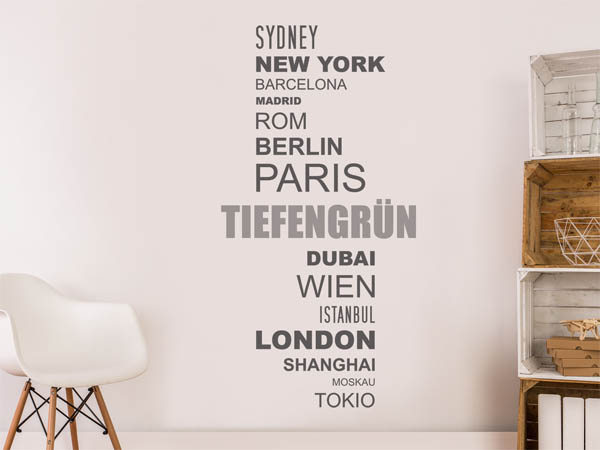 Wandtattoo Tiefengrün mit Weltstädten