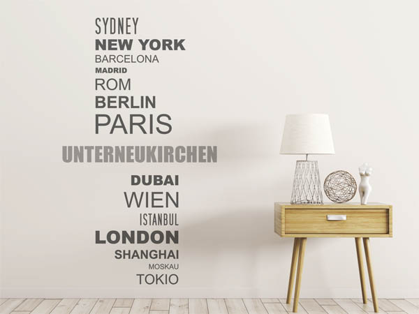 Wandtattoo Unterneukirchen mit Weltstädten