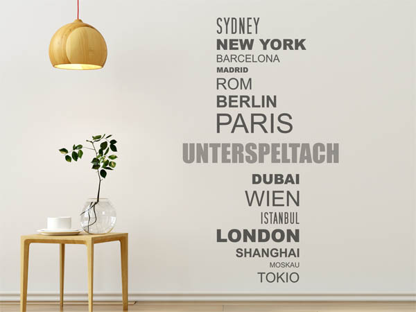 Wandtattoo Unterspeltach mit Weltstädten