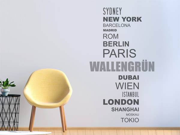 Wandtattoo Wallengrün mit Weltstädten