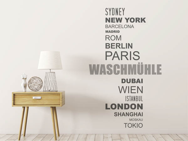 Wandtattoo Waschmühle mit Weltstädten