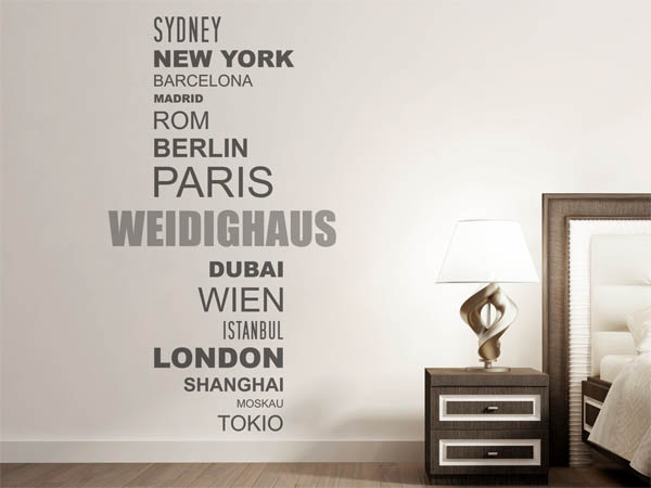 Wandtattoo Weidighaus mit Weltstädten