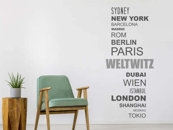 Wandtattoo Weltwitz mit Weltstädten