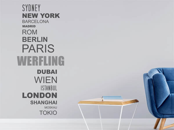 Wandtattoo Werfling mit Weltstädten