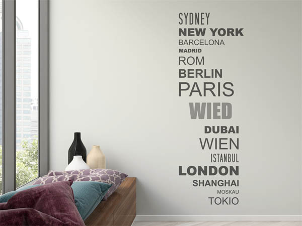 Wandtattoo Wied mit Weltstädten