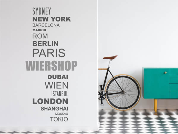 Wandtattoo Wiershop mit Weltstädten