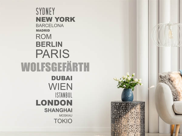 Wandtattoo Wolfsgefärth mit Weltstädten