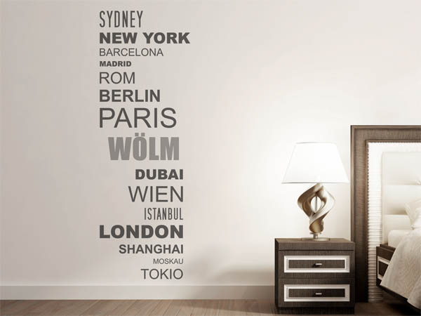 Wandtattoo Wölm mit Weltstädten