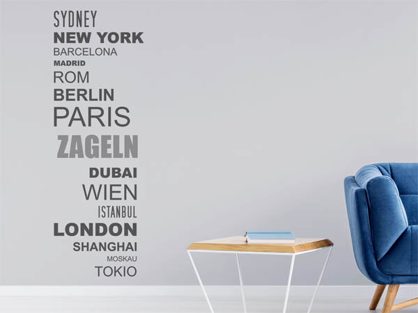 Wandtattoo Zageln mit Weltstädten