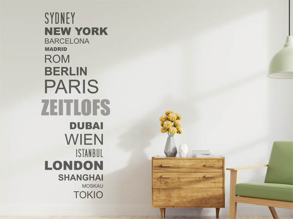 Wandtattoo Zeitlofs mit Weltstädten