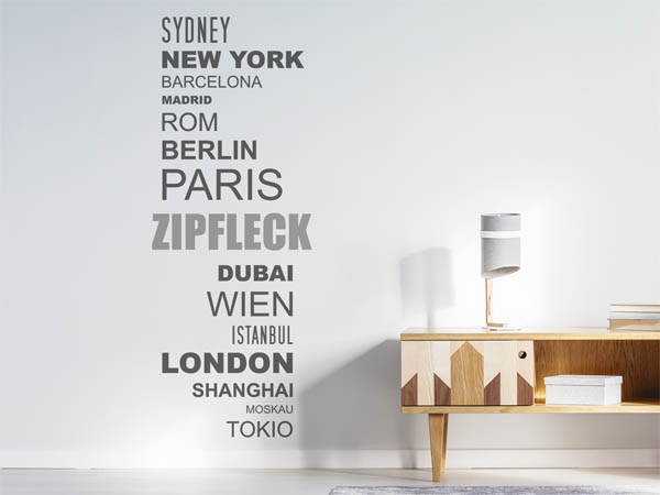 Wandtattoo Zipfleck mit Weltstädten