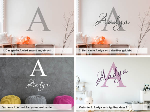 Verschiedene Anordnungen des Wandtattoos Aadya