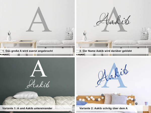 Verschiedene Anordnungen des Wandtattoos Aakib