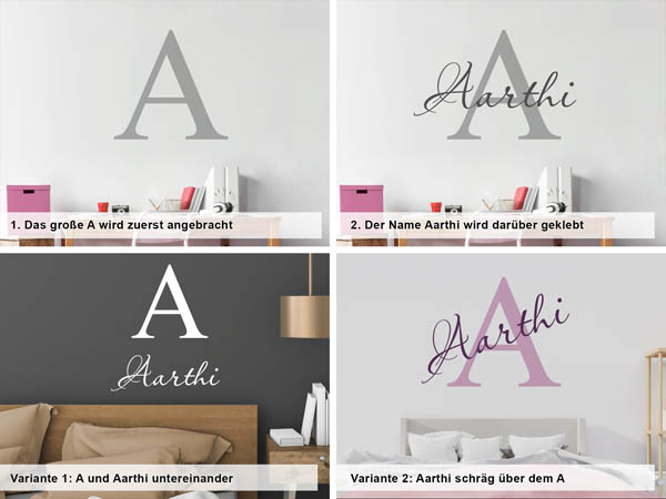 Verschiedene Anordnungen des Wandtattoos Aarthi