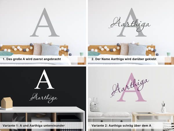 Verschiedene Anordnungen des Wandtattoos Aarthiga