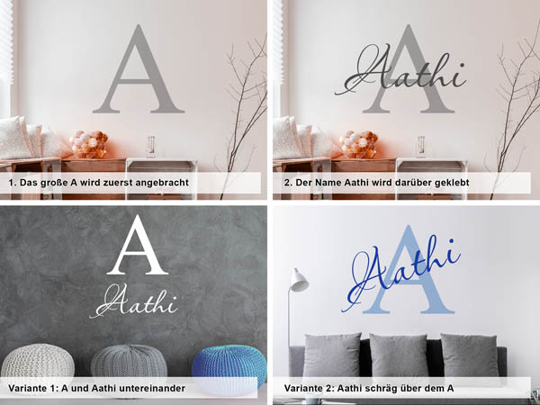 Verschiedene Anordnungen des Wandtattoos Aathi