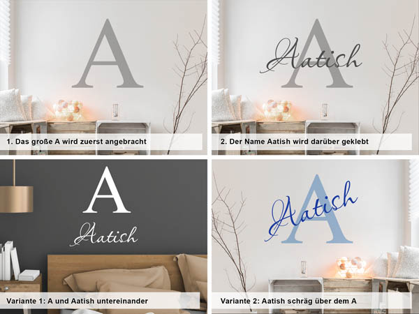 Verschiedene Anordnungen des Wandtattoos Aatish