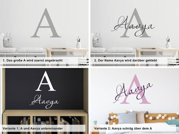 Verschiedene Anordnungen des Wandtattoos Aavya