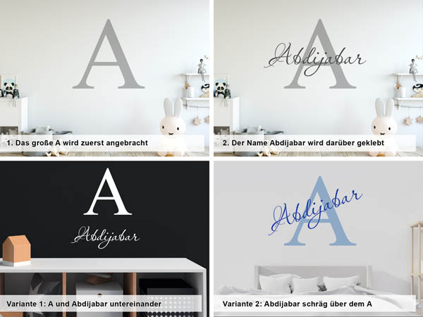 Verschiedene Anordnungen des Wandtattoos Abdijabar