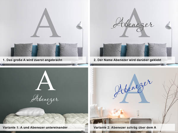 Verschiedene Anordnungen des Wandtattoos Abenezer
