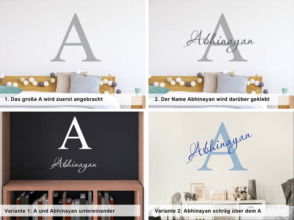 Verschiedene Anordnungen des Wandtattoos Abhinayan