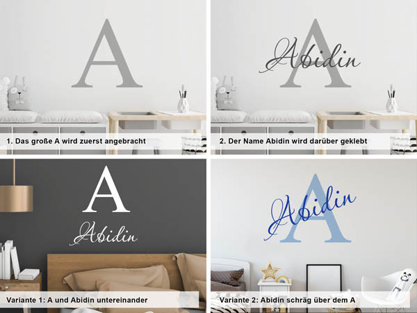 Verschiedene Anordnungen des Wandtattoos Abidin