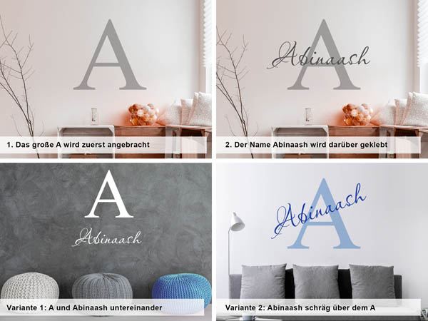 Verschiedene Anordnungen des Wandtattoos Abinaash