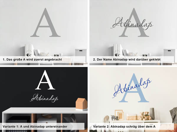 Verschiedene Anordnungen des Wandtattoos Abinadap