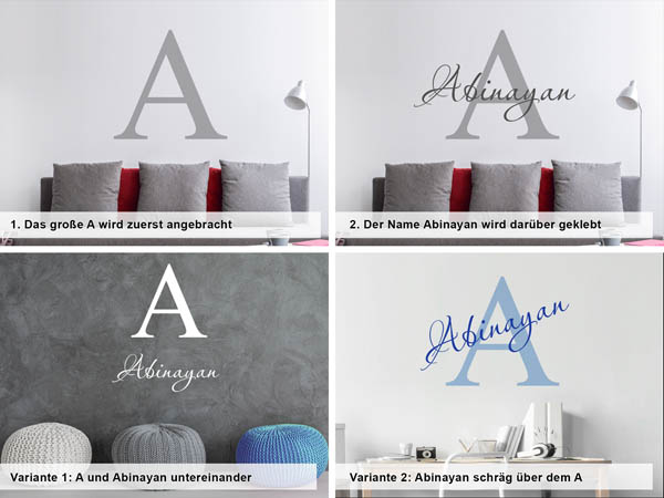 Verschiedene Anordnungen des Wandtattoos Abinayan