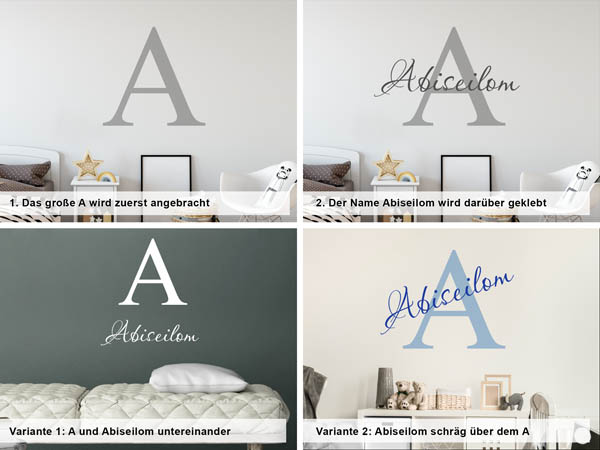 Verschiedene Anordnungen des Wandtattoos Abiseilom