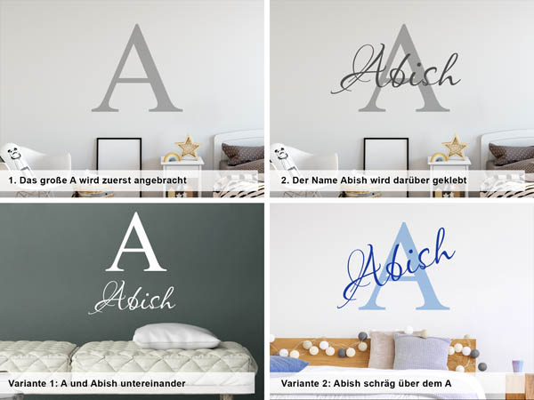 Verschiedene Anordnungen des Wandtattoos Abish
