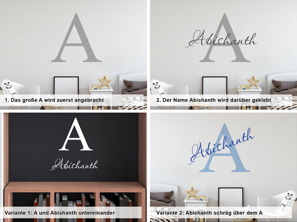 Verschiedene Anordnungen des Wandtattoos Abishanth