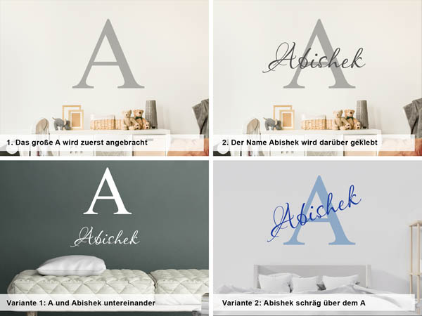 Verschiedene Anordnungen des Wandtattoos Abishek