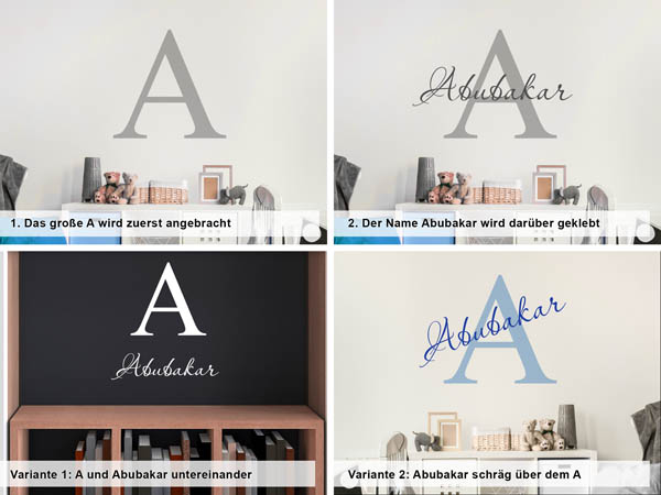 Verschiedene Anordnungen des Wandtattoos Abubakar