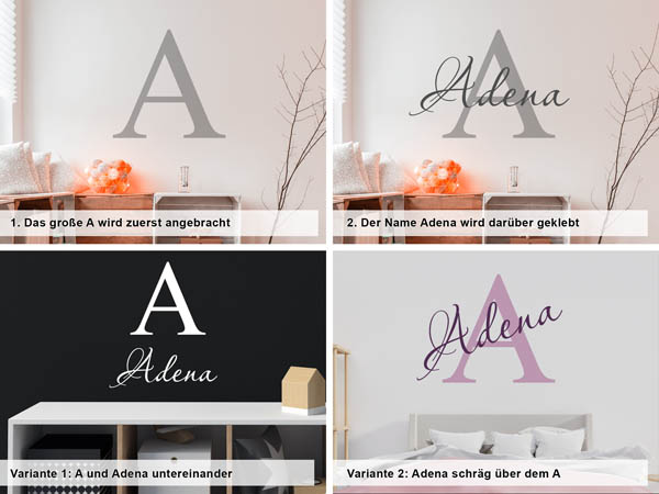 Verschiedene Anordnungen des Wandtattoos Adena