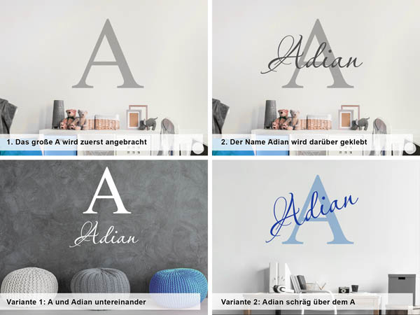 Verschiedene Anordnungen des Wandtattoos Adian