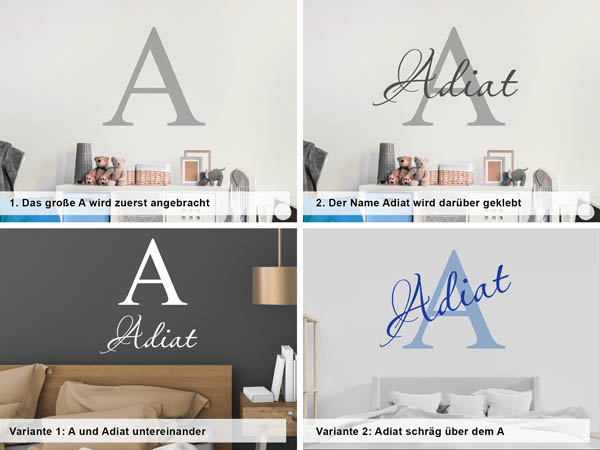 Verschiedene Anordnungen des Wandtattoos Adiat