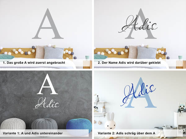 Verschiedene Anordnungen des Wandtattoos Adis