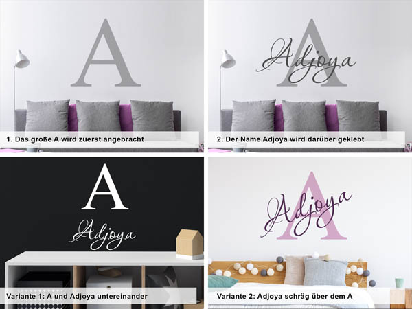 Verschiedene Anordnungen des Wandtattoos Adjoya