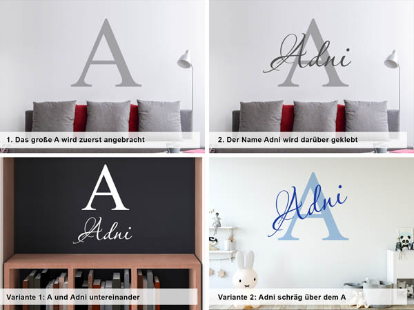Verschiedene Anordnungen des Wandtattoos Adni