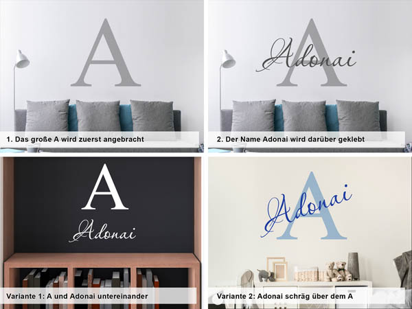 Verschiedene Anordnungen des Wandtattoos Adonai