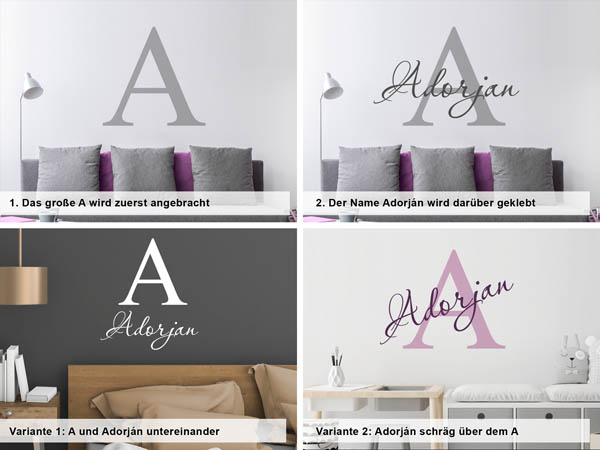 Verschiedene Anordnungen des Wandtattoos Adorján