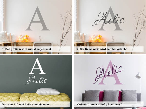 Verschiedene Anordnungen des Wandtattoos Aelis