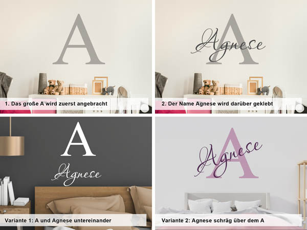 Verschiedene Anordnungen des Wandtattoos Agnese