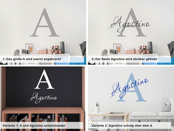 Verschiedene Anordnungen des Wandtattoos Agostino