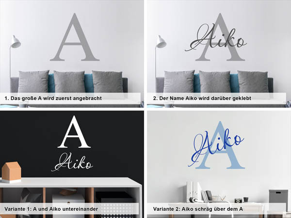 Verschiedene Anordnungen des Wandtattoos Aiko