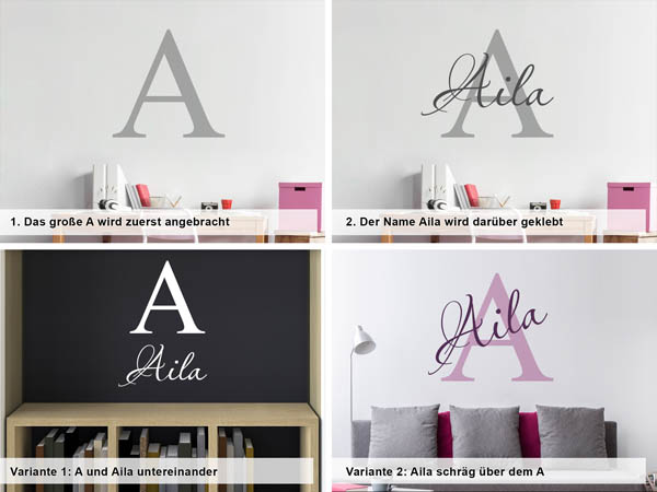 Verschiedene Anordnungen des Wandtattoos Aila