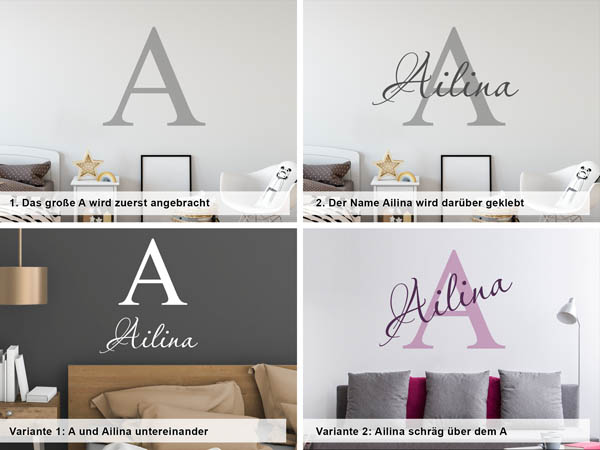 Verschiedene Anordnungen des Wandtattoos Ailina